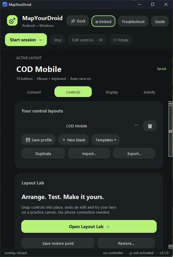 MapYourDroid in compact mode, showing profile import and export alongside the Layout Lab and restore-point controls.